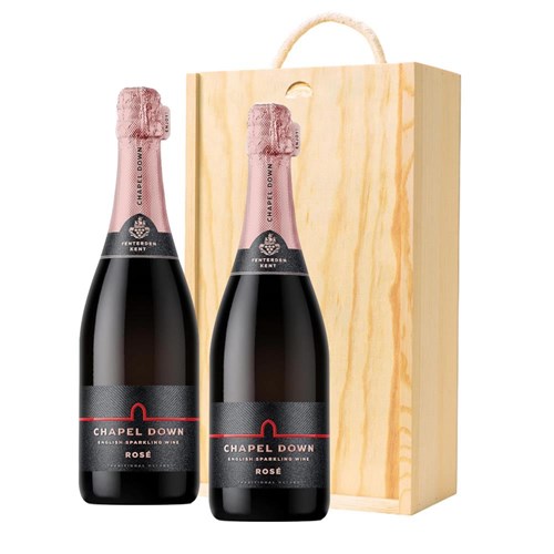 Chapel Down Rose English Sparkling Wine 75cl Double Pine Wooden Gift Boxed (2x75cl)